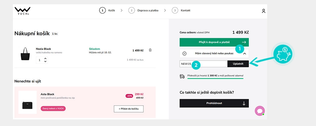 Návod jak uplatnit slevový kód v košíku e-shopu Vuch