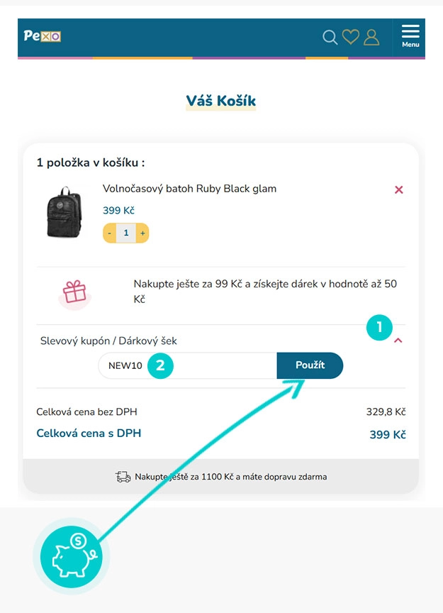 Návod jak uplatnit slevový kód v košíku e-shopu Pexo