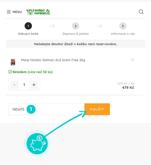 Návod jak uplatnit slevový kód v košíku e-shopu Zvířecí-Potřeby