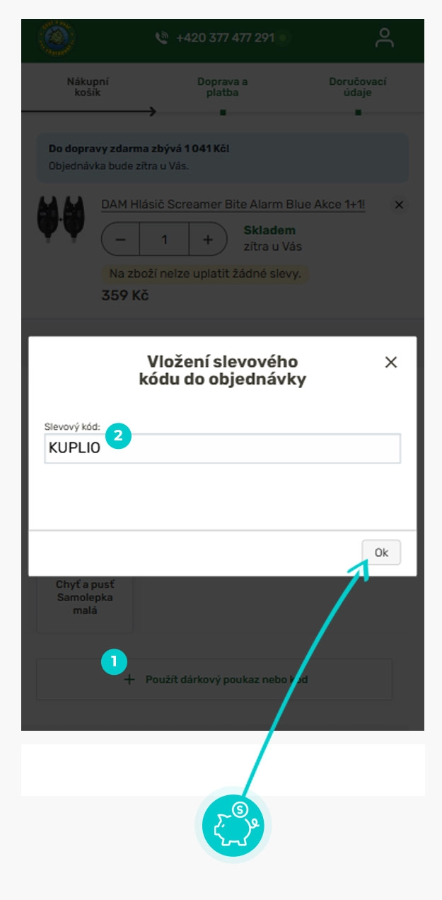 Návod jak uplatnit slevový kód v košíku e-shopu Chyť a pusť