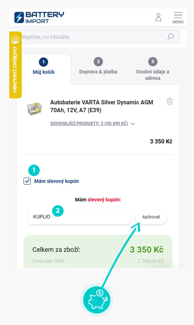 Návod jak uplatnit slevový kód v košíku e-shopu Battery import