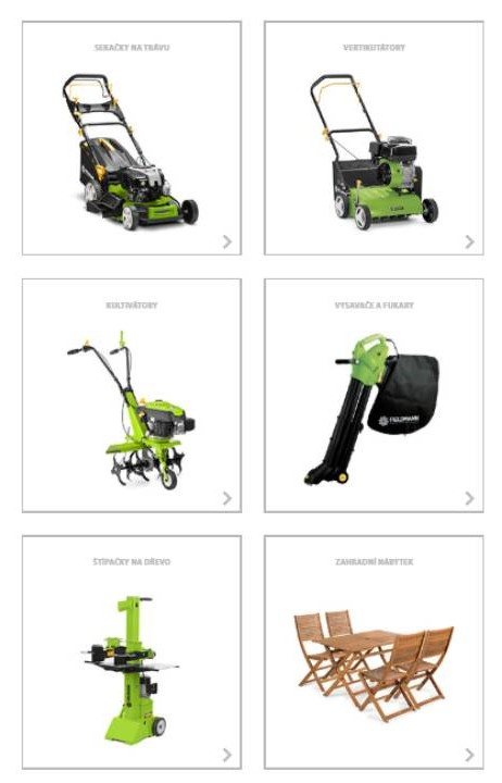 sekačky na trávu, vertikutátory, kultivátory, vysavače a fukary, štápačky na dřevo a zahradní nábytek