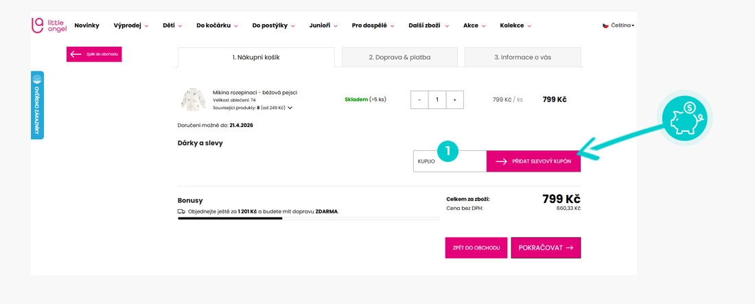 Návod jak uplatnit slevový kód v košíku e-shopu little angel