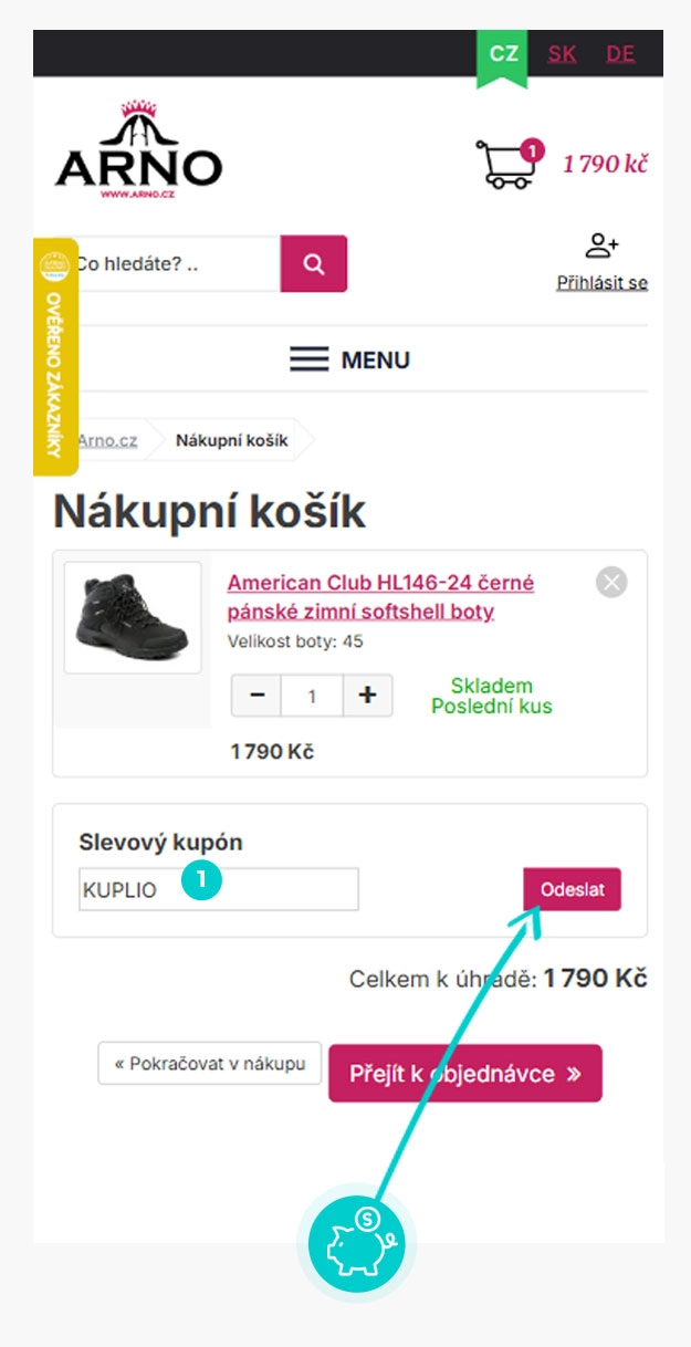Návod jak uplatnit slevový kód v košíku e-shopu Arno