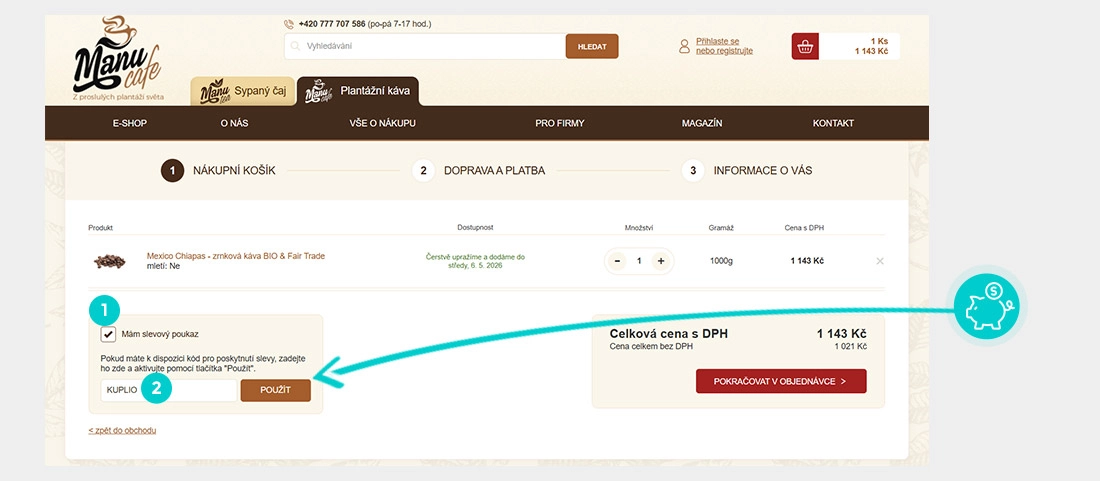 Návod jak uplatnit slevový kód v košíku e-shopu Manucafe