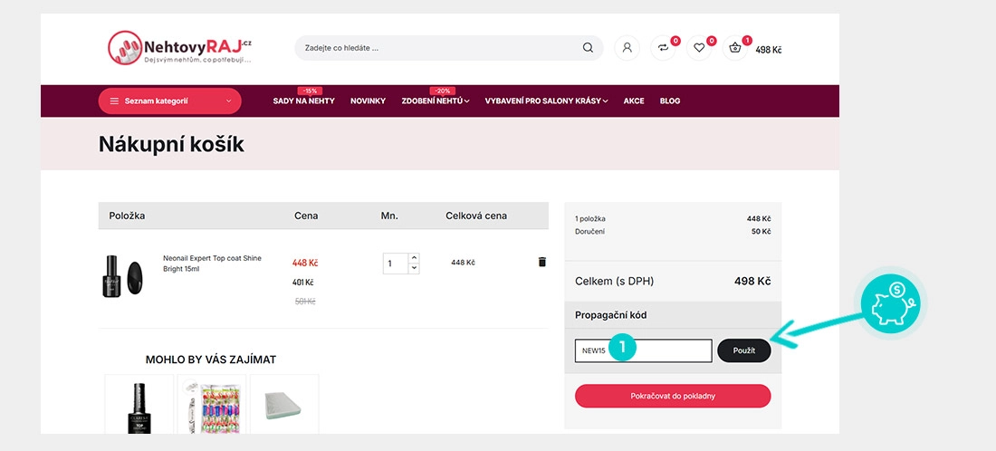 Návod jak uplatnit slevový kód v košíku e-shopu NehtovyRaj