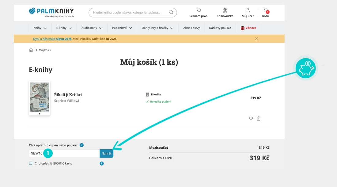 Návod jak uplatnit slevový kód v košíku e-shopu Palmknihy