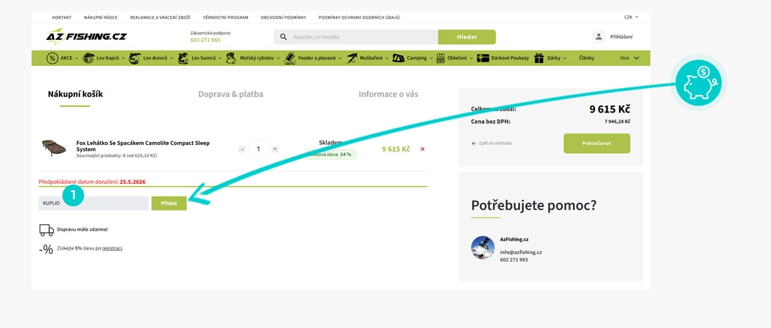 Návod jak uplatnit slevový kód v košíku e-shopu AZ Fishing