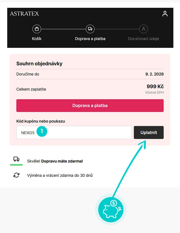 Návod jak uplatnit slevový kód v košíku e-shopu Astratex
