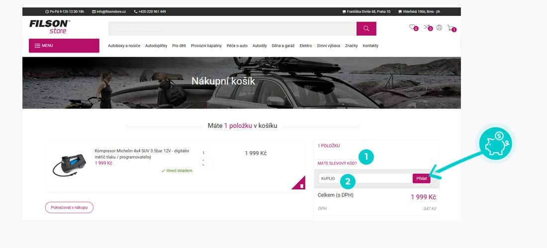 Návod jak uplatnit slevový kód v košíku e-shopu Filson store