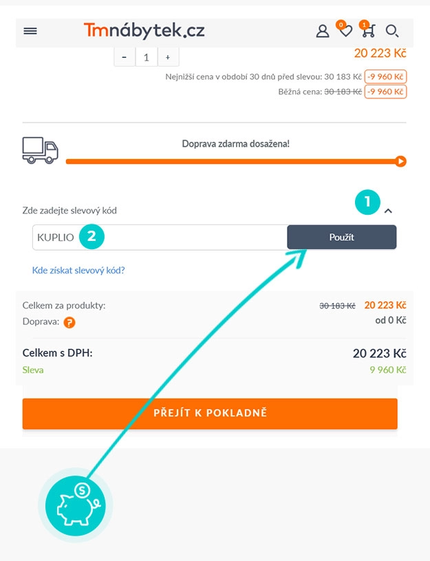 Návod jak uplatnit slevový kód v košíku e-shopu Tmnábytek