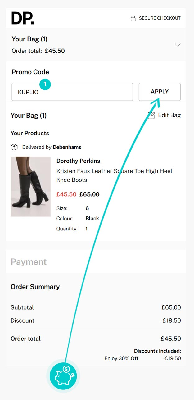 Návod jak uplatnit slevový kód v košíku e-shopu Dorothy Perkins