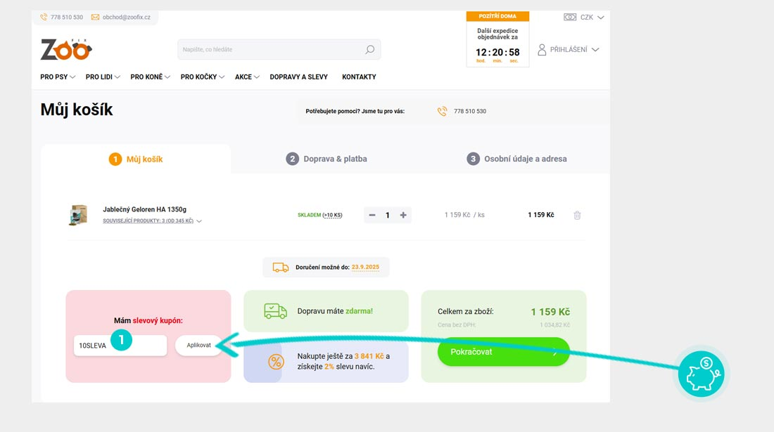 Návod jak uplatnit slevový kód v košíku e-shopu Zoo fix