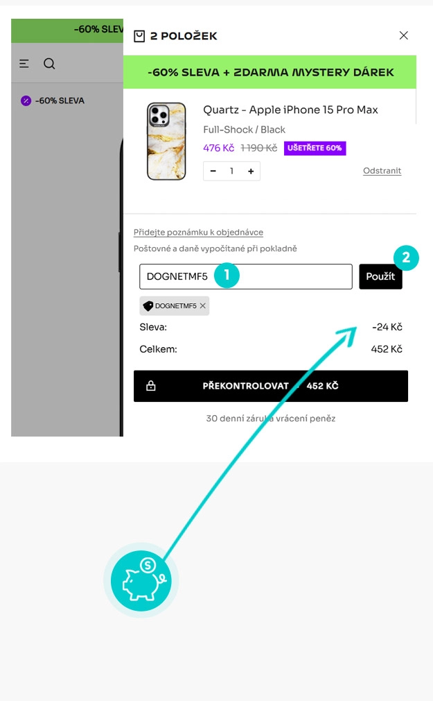Návod jak uplatnit slevový kód v košíku e-shopu Mobilfox