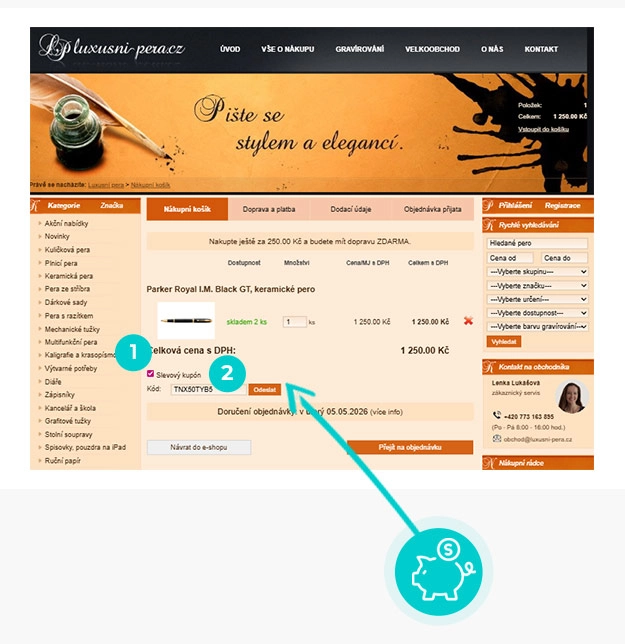 Návod jak uplatnit slevový kód v košíku e-shopu Luxusní-pera