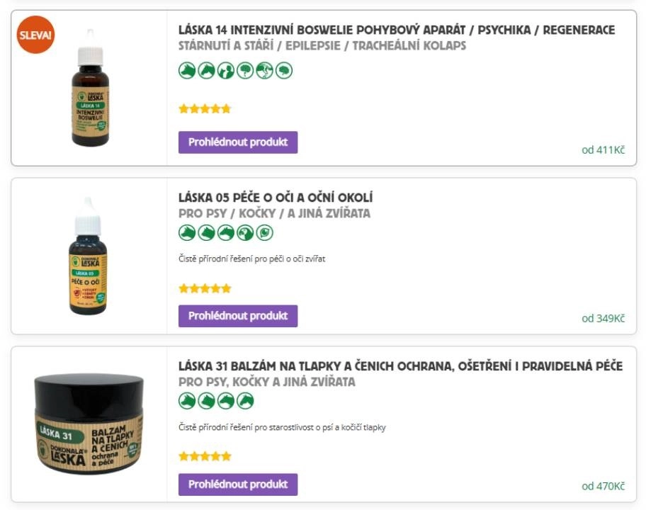 veterinární přípravek na pohybový aparát či na oči a oční okolí a balzám na tlapky a čenich ochrana