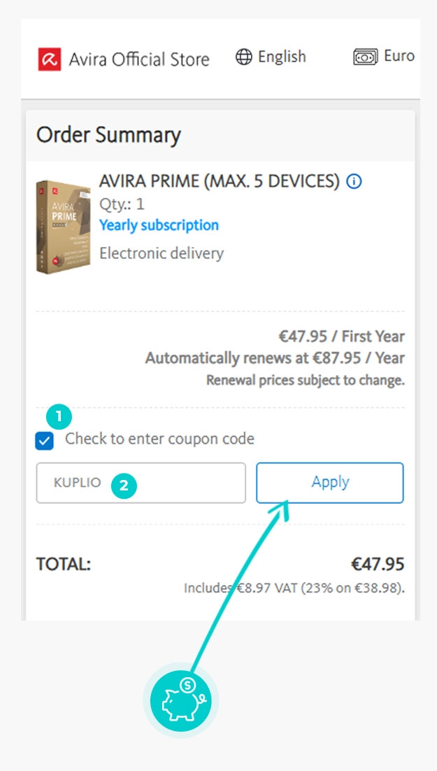 Návod jak uplatnit slevový kód v košíku e-shopu Avira