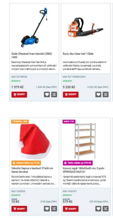 ořezávač hran trávníků, akumulátorový foukač, vánoční čepice s bambulí, kovový regál