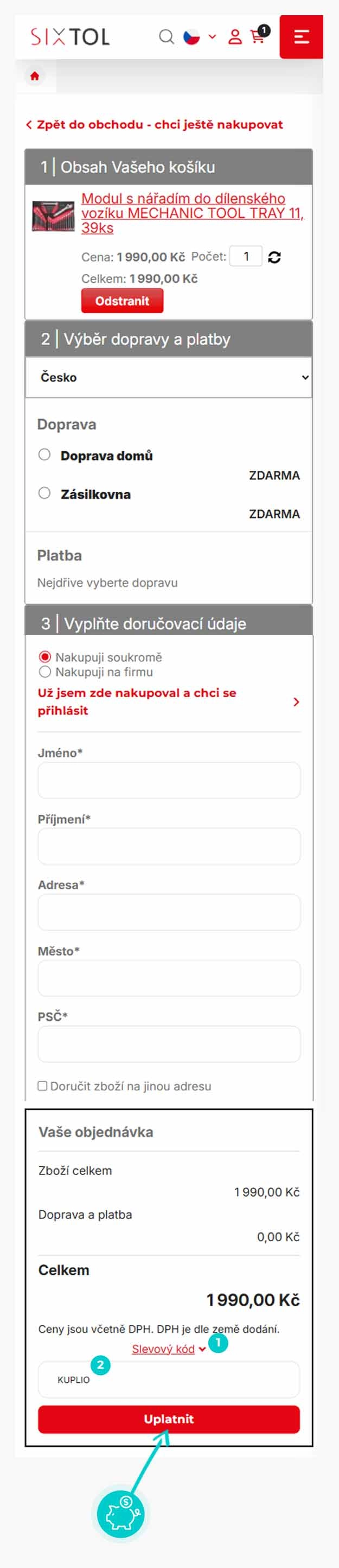 Návod jak uplatnit slevový kód v košíku e-shopu Sixtol