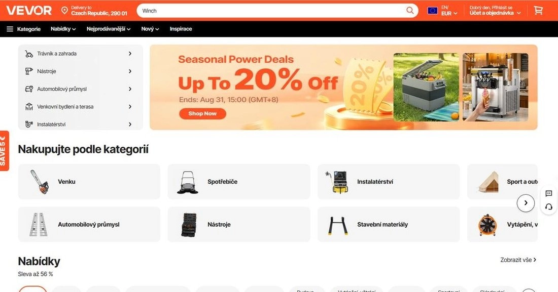 Homepage e-shopu Vevor