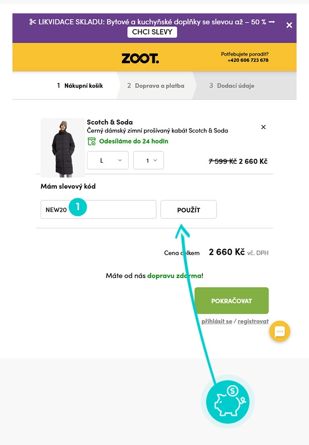 Návod jak uplatnit slevový kód v košíku e-shopu ZOOT