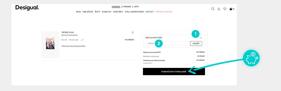 Návod jak uplatnit slevový kód v košíku e-shopu Desigual