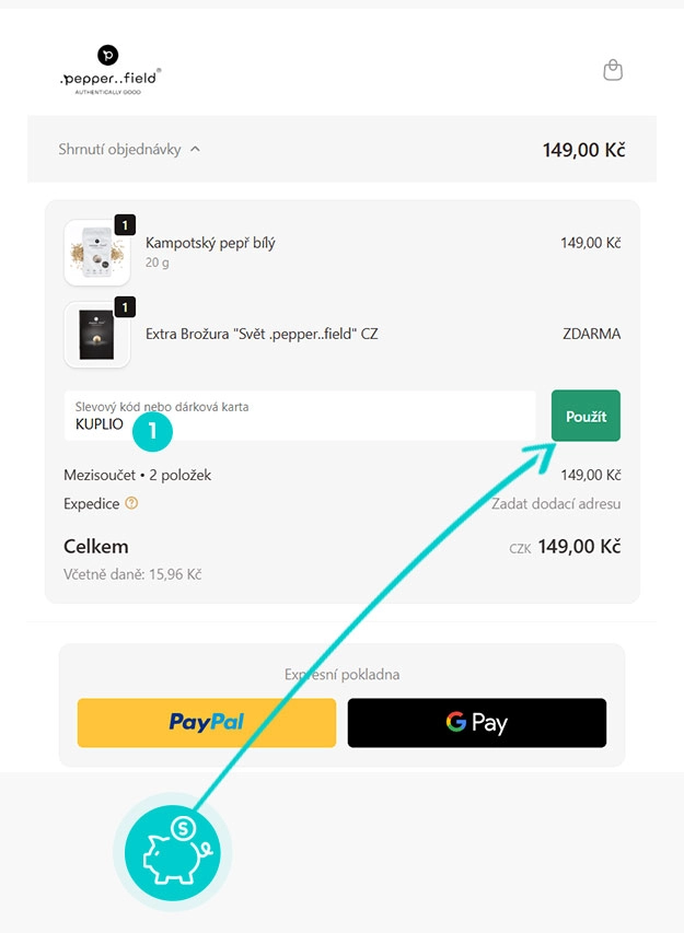 Návod jak uplatnit slevový kód v košíku e-shopu Pepper Field