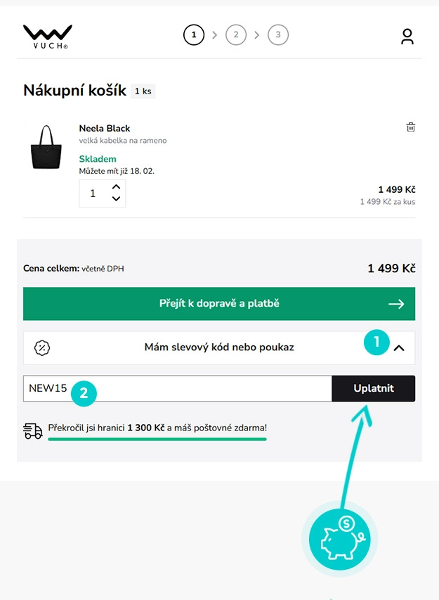 Návod jak uplatnit slevový kód v košíku e-shopu Vuch