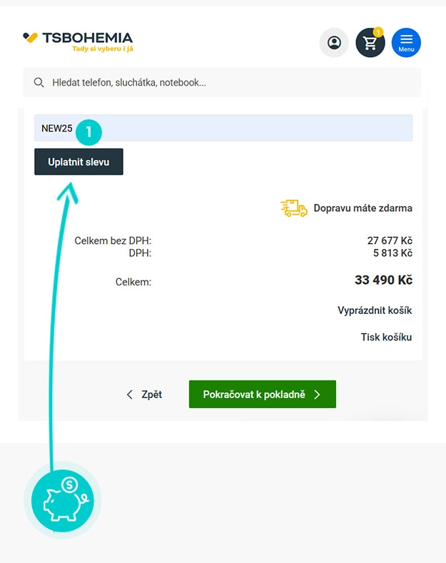 Návod jak uplatnit slevový kód v košíku e-shopu TSBOHEMIA.cz