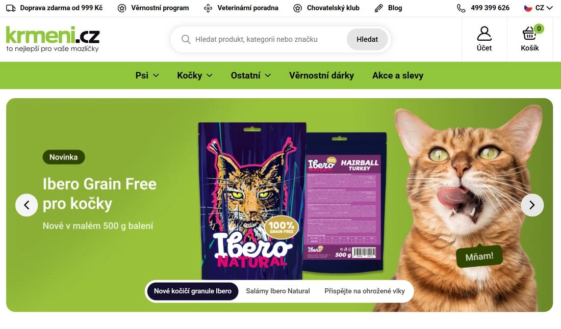 Stránka e-shopu Krmení s kočkou a krmením pro kočky