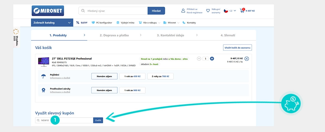 Návod jak uplatnit slevový kód v košíku e-shopu Mironet