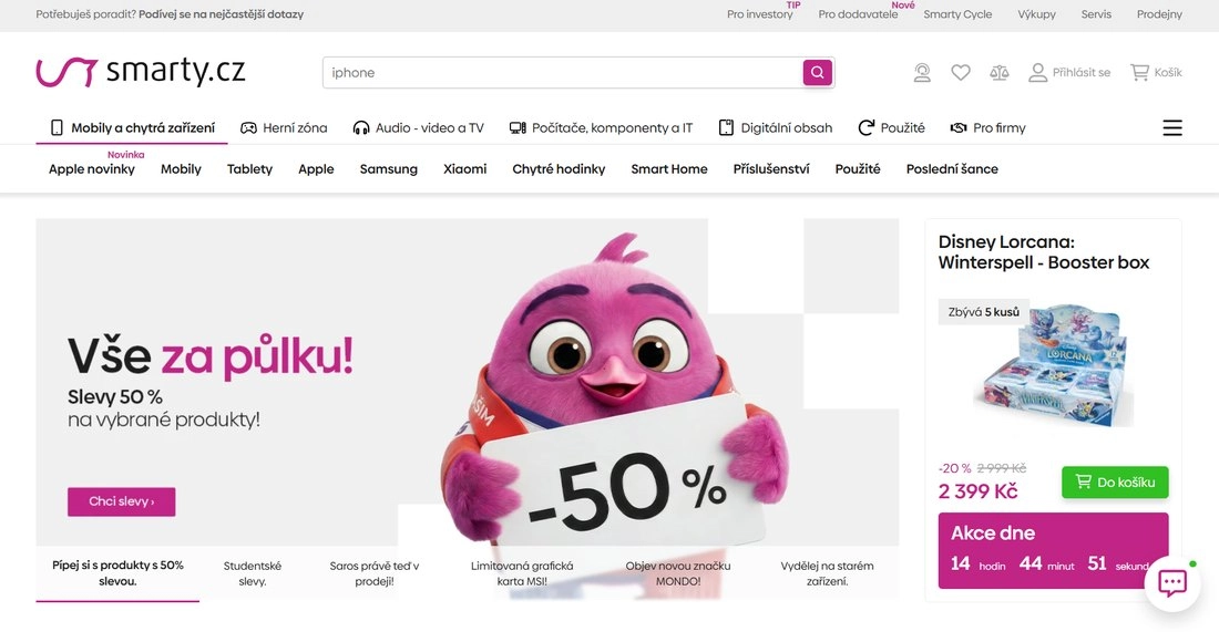Stránka e-shopu Smarty s růžovým kuřátkem a popisem