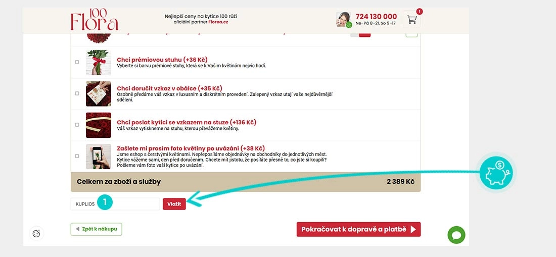 Návod jak uplatnit slevový kód v košíku e-shopu Flora100