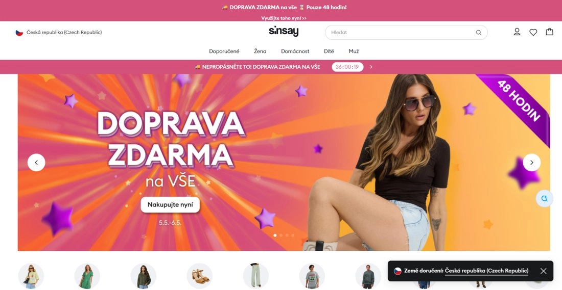 Home Page e-shopu Sinsay s dívkou a barevným podkladem s hvězdičkami