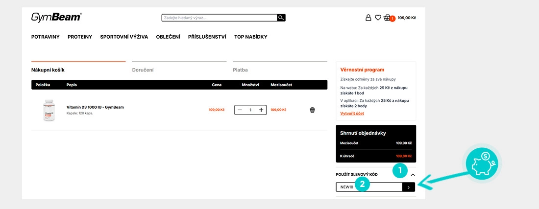 Návod jak uplatnit slevový kód v košíku e-shopu GymBeam