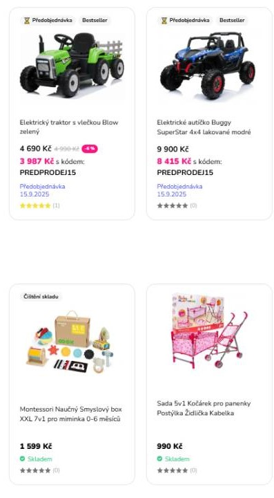 elektrický traktor, elektrické autíčko, náučný smyslový box, kočárek pro panenky a postílka