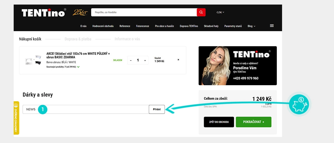 Návod jak uplatnit slevový kód v košíku e-shopu TENTino