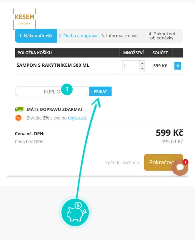 Návod jak uplatnit slevový kód v košíku e-shopu Kesem