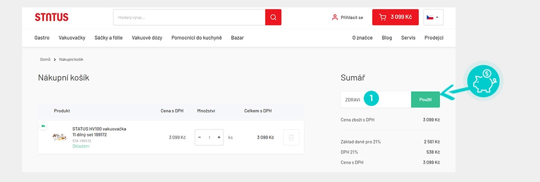 Návod jak uplatnit slevový kód v košíku e-shopu Status pomocníci