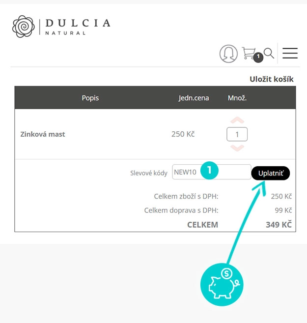 Návod jak uplatnit slevový kód v košíku e-shopu Dulcia