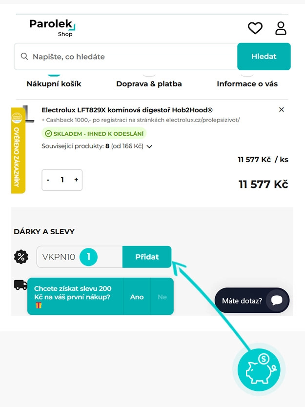 Návod jak uplatnit slevový kód v košíku e-shopu Parolek-shop