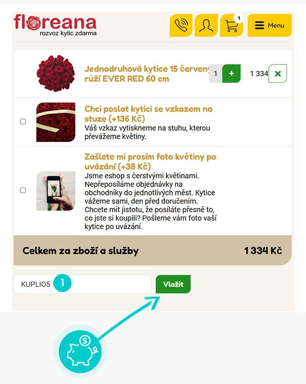 Návod jak uplatnit slevový kód v košíku e-shopu Floreana
