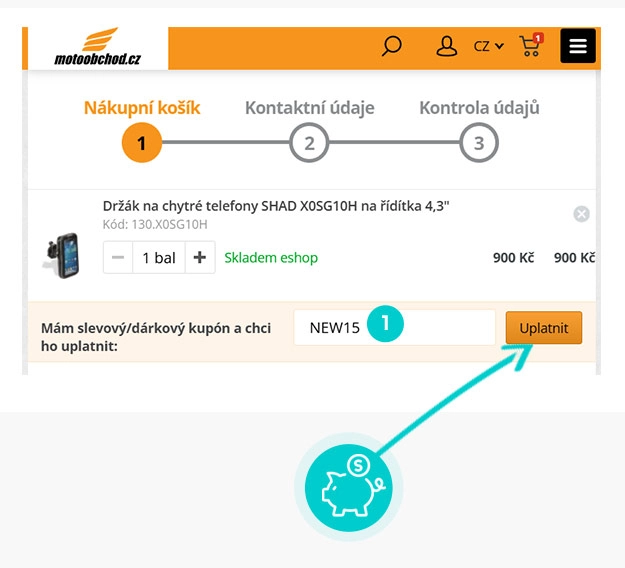 Návod jak uplatnit slevový kód v košíku e-shopu Motoobchod.cz