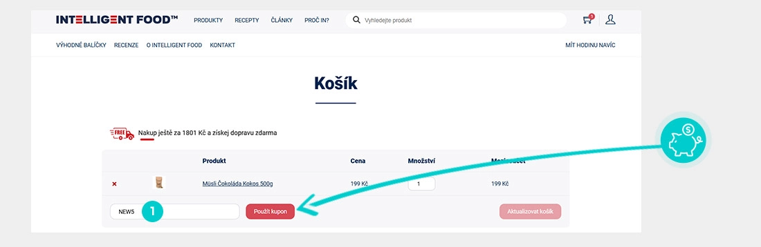 Návod jak uplatnit slevový kód v košíku e-shopu Intelligent Food
