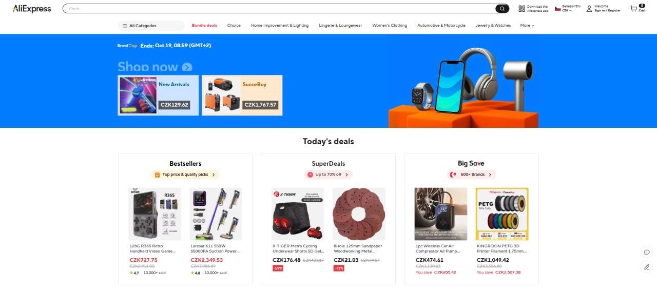 homepage Aliexpress s elektronikou a aktuální nabídkou