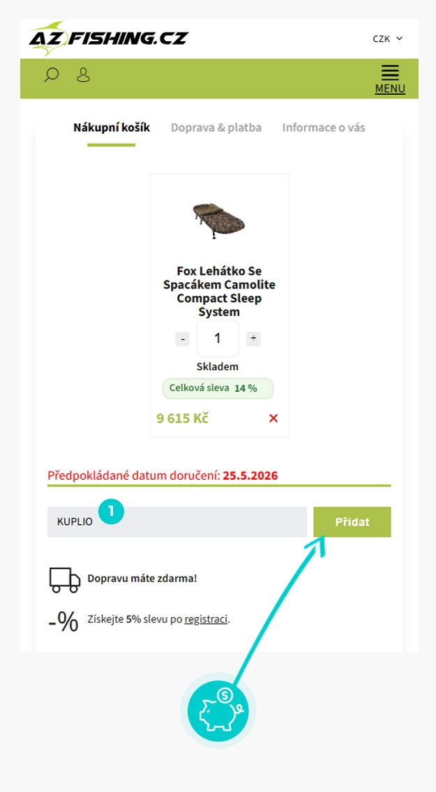 Návod jak uplatnit slevový kód v košíku e-shopu AZ Fishing
