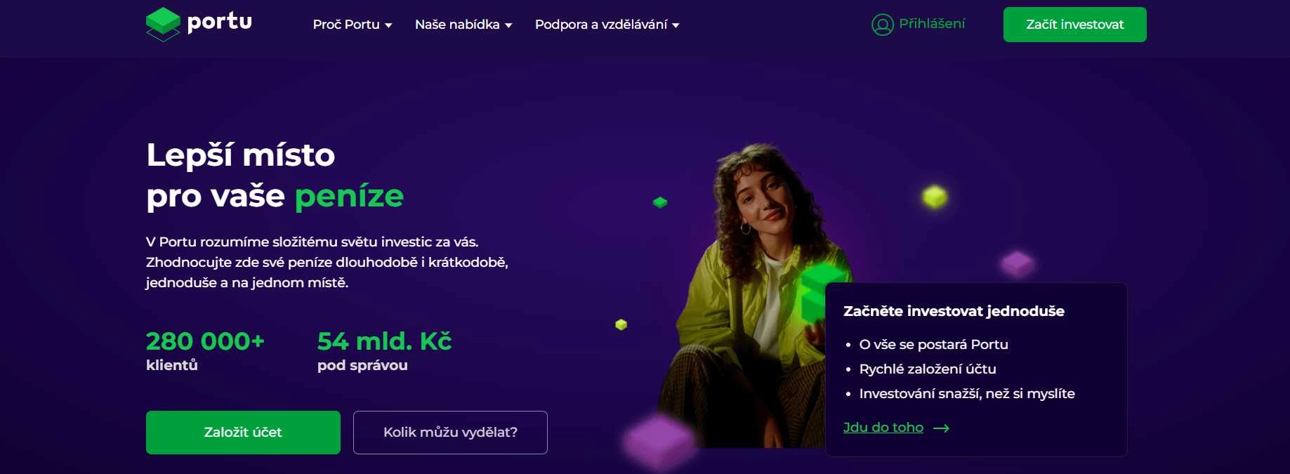 webové stránky platformy s infografikou investování a ženou  držící kostku