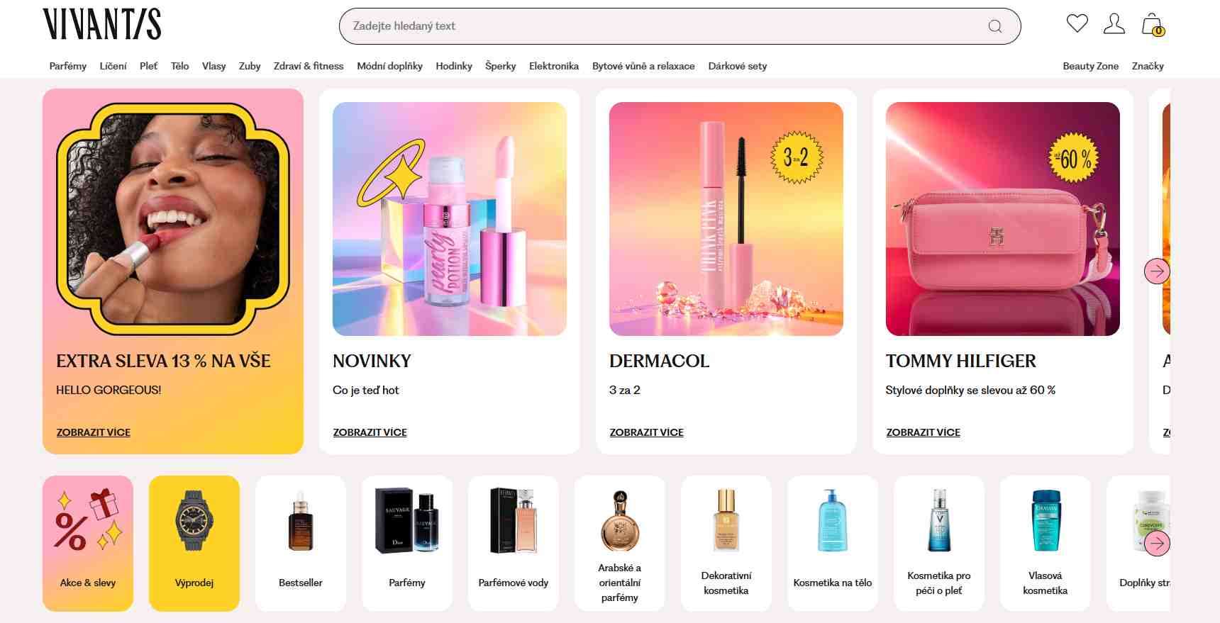 webové stránky e-shopu s nabídkou kategorií kosmetiky a doplňků