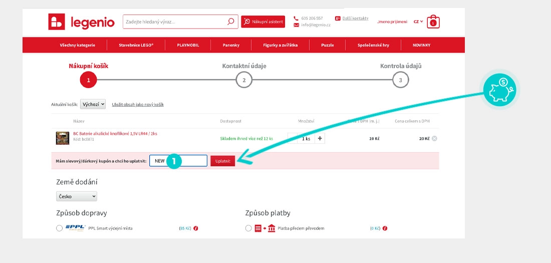 Návod jak uplatnit slevový kód v košíku e-shopu Legenio