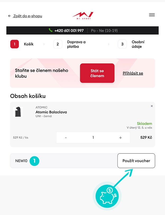 Návod jak uplatnit slevový kód v košíku e-shopu M1 Sport